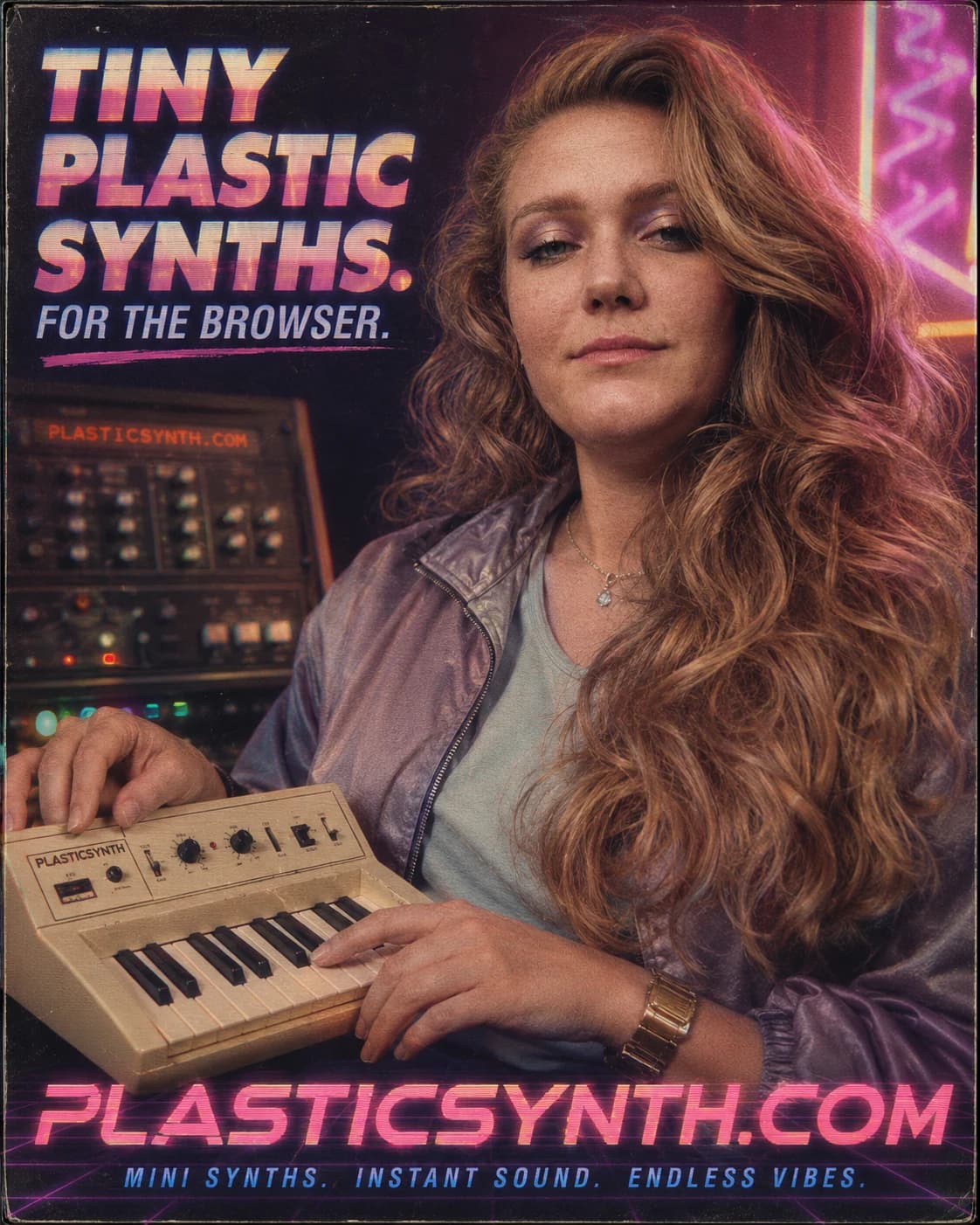 A retro 1980s-style poster of a musician holding a tiny cream synthesizer in a neon-lit studio.